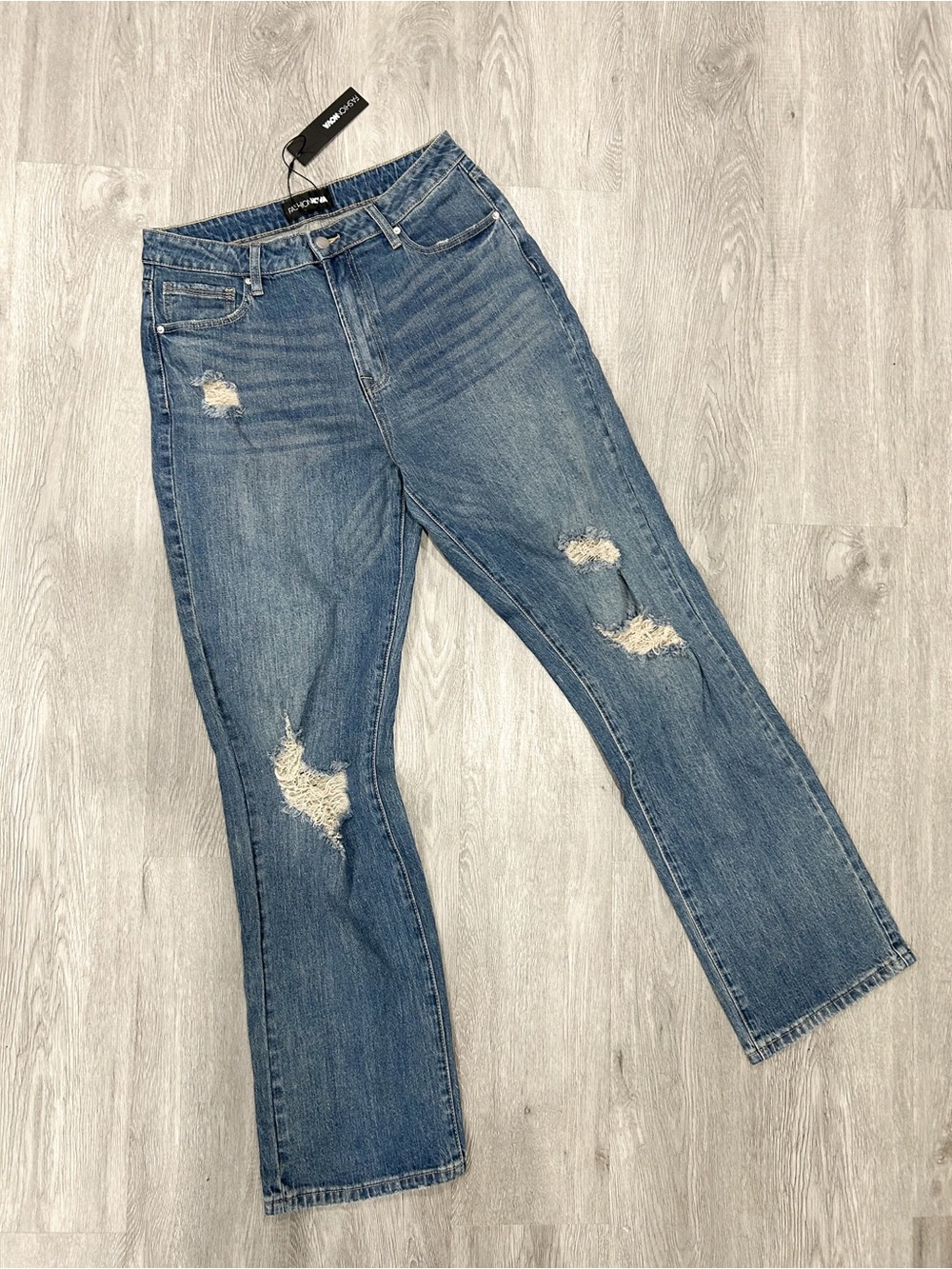 Fashion Nova Women's Distressed Blue Straight Leg Jeans
